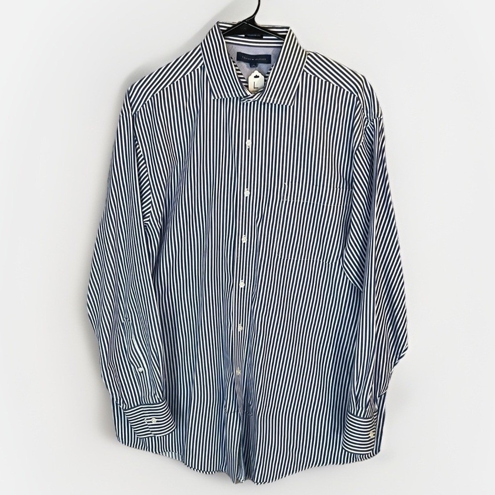 Tommy Hilfiger Dress Shirt Men's Large 16 Regular Fit Blue White Stripe Business